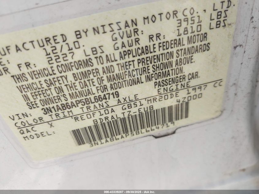 2011 Nissan Sentra 2.0S VIN: 3N1AB6AP5BL664719 Lot: 43339287