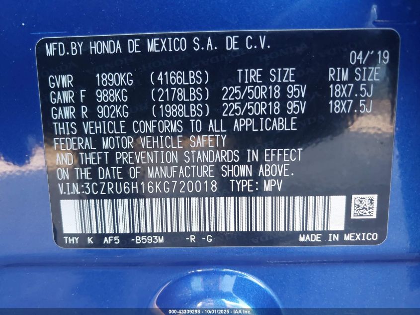 2019 Honda Hr-V Sport VIN: 3CZRU6H16KG720018 Lot: 43339298