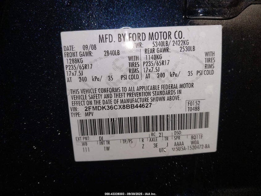 2008 Ford Edge Se VIN: 2FMDK36CX8BB44627 Lot: 43339303