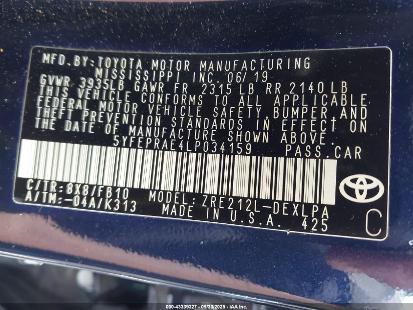 2020 Toyota Corolla Le VIN: 5YFEPRAE4LP034159 Lot: 43339327