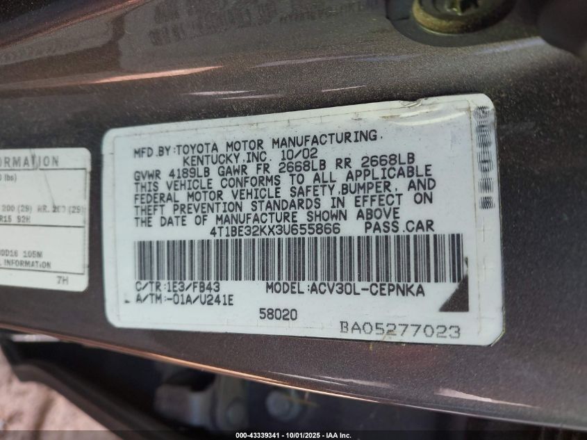 2003 Toyota Camry Le/Xle/Se VIN: 4T1BE32KX3U655866 Lot: 43339341