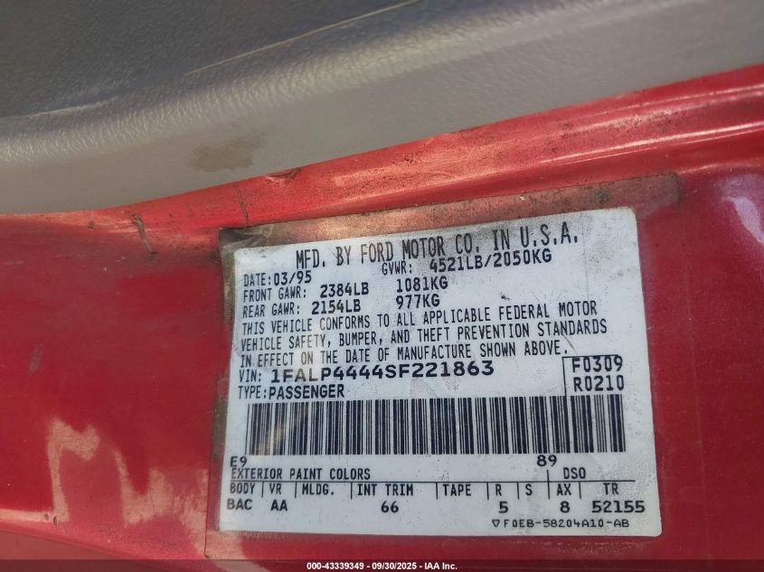 1995 Ford Mustang VIN: 1FALP4444SF221863 Lot: 43339349
