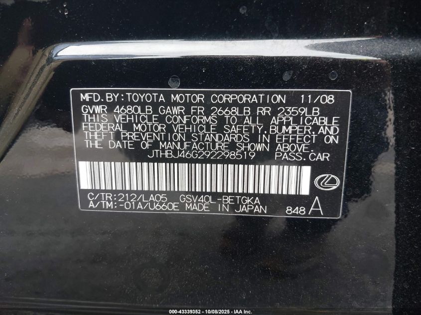 2009 Lexus Es 350 VIN: JTHBJ46G292298519 Lot: 43339352