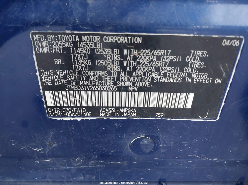 JTMBD31V265030265 2006 TOYOTA RAV 4 photo no. 9