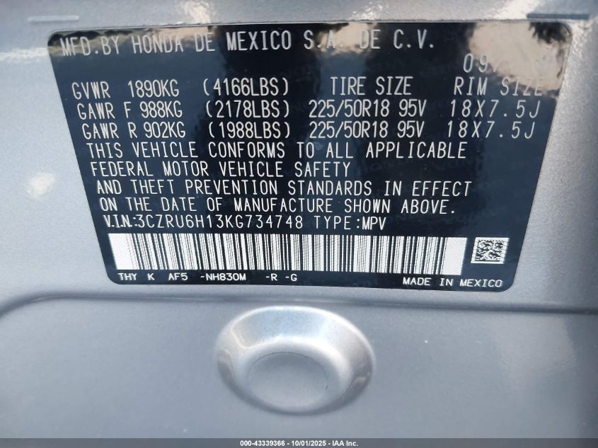 2019 Honda Hr-V Sport VIN: 3CZRU6H13KG734748 Lot: 43339366