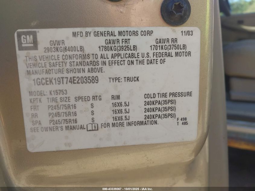2004 Chevrolet Silverado 1500 VIN: 1GCEK19T74E203589 Lot: 43339367