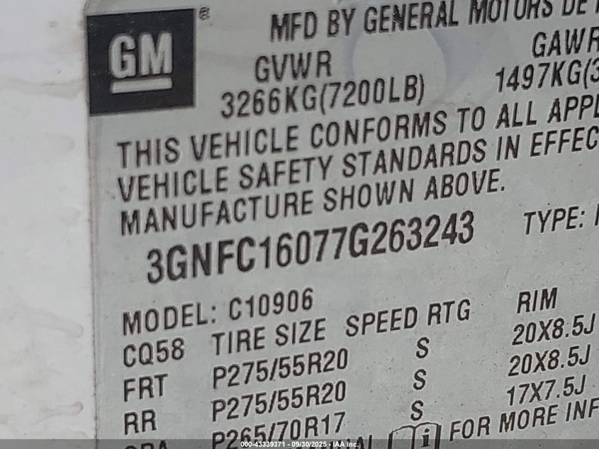 2007 Chevrolet Suburban 1500 Ltz VIN: 3GNFC16077G263243 Lot: 43339371