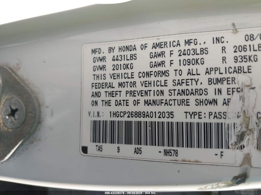 2009 Honda Accord 2.4 Ex-L VIN: 1HGCP26889A012035 Lot: 43339376