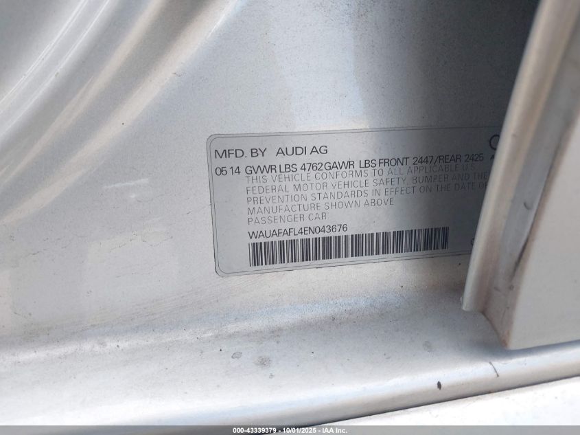 2014 Audi A4 2.0T Premium VIN: WAUAFAFL4EN043676 Lot: 43339379