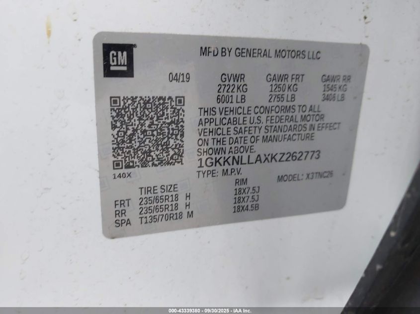 2019 GMC Acadia Sle-2 VIN: 1GKKNLLAXKZ262773 Lot: 43339380