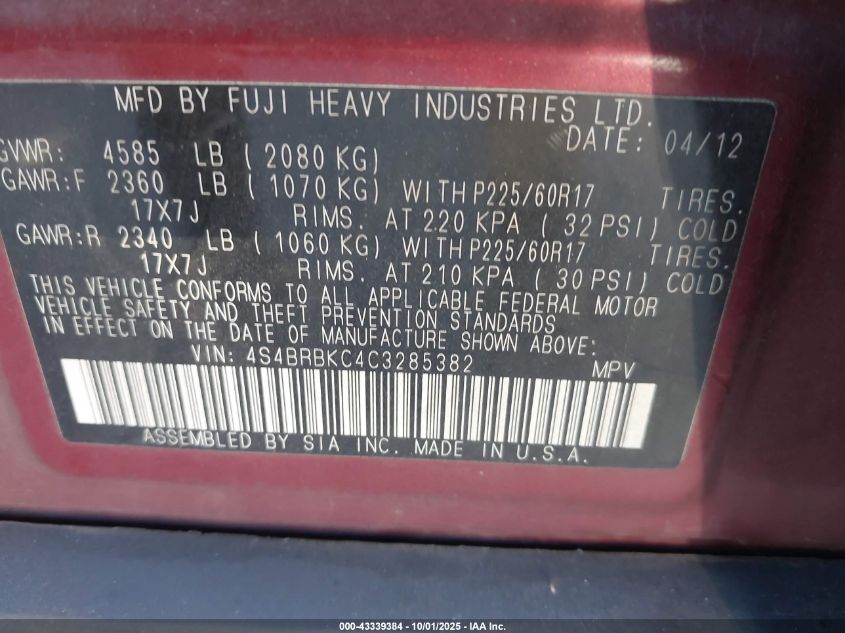 2012 Subaru Outback 2.5I Limited VIN: 4S4BRBKC4C3285382 Lot: 43339384