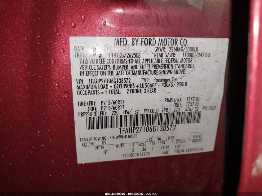 2006 Ford Five Hundred Sel VIN: 1FAHP27106G138572 Lot: 43339395