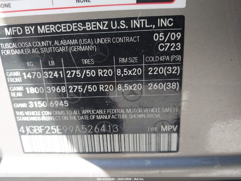 2009 Mercedes-Benz Gl 320 Bluetec 4Matic VIN: 4JGBF25E99A526413 Lot: 43339398