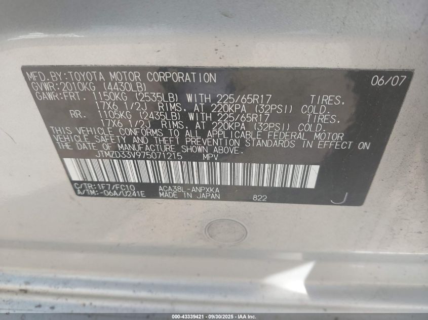 2007 Toyota Rav4 VIN: JTMZD33V975071215 Lot: 43339421