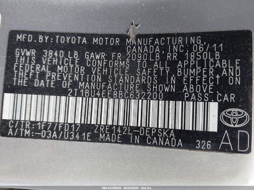 2011 Toyota Corolla S VIN: 2T1BU4EE8BC632200 Lot: 43339425