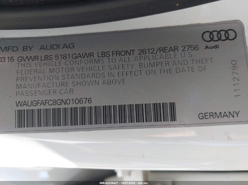 2016 Audi A6 2.0T Premium Plus VIN: WAUGFAFC8GN010676 Lot: 43339427