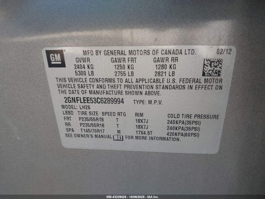 2012 Chevrolet Equinox 1Lt VIN: 2GNFLEE53C6289994 Lot: 43339428