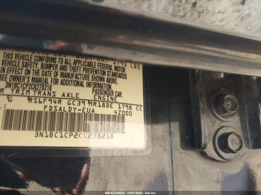 2012 Nissan Versa 1.8 S VIN: 3N1BC1CP2CK278218 Lot: 43339433