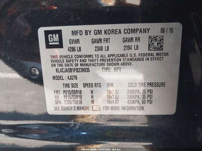 2015 Buick Encore VIN: KL4CJASB1FB239935 Lot: 43339434