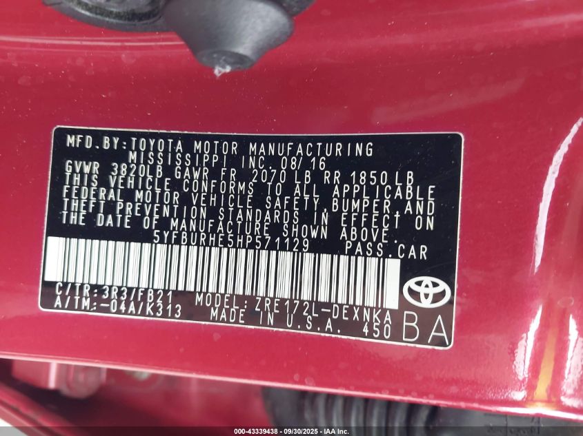 2017 Toyota Corolla Le VIN: 5YFBURHE5HP571129 Lot: 43339438