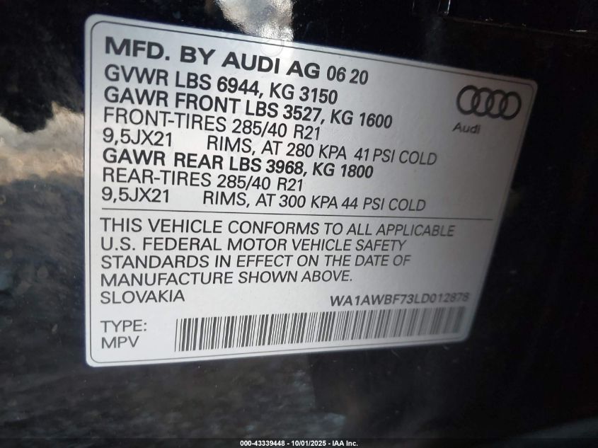 2020 Audi Sq7 Premium Plus Tfsi Quattro Tiptronic VIN: WA1AWBF73LD012878 Lot: 43339448
