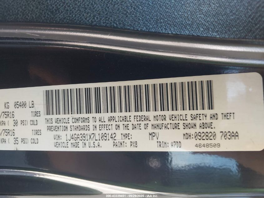 2007 Jeep Wrangler Unlimited X VIN: 1J4GA391X7L109142 Lot: 43339451