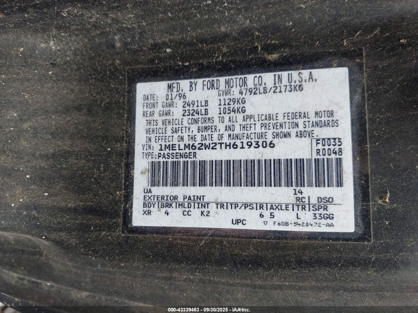 1996 Mercury Cougar Xr7 VIN: 1MELM62W2TH619306 Lot: 43339463