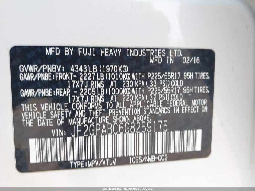 2016 Subaru Crosstrek 2.0I Premium VIN: JF2GPABC6G8259175 Lot: 43339466