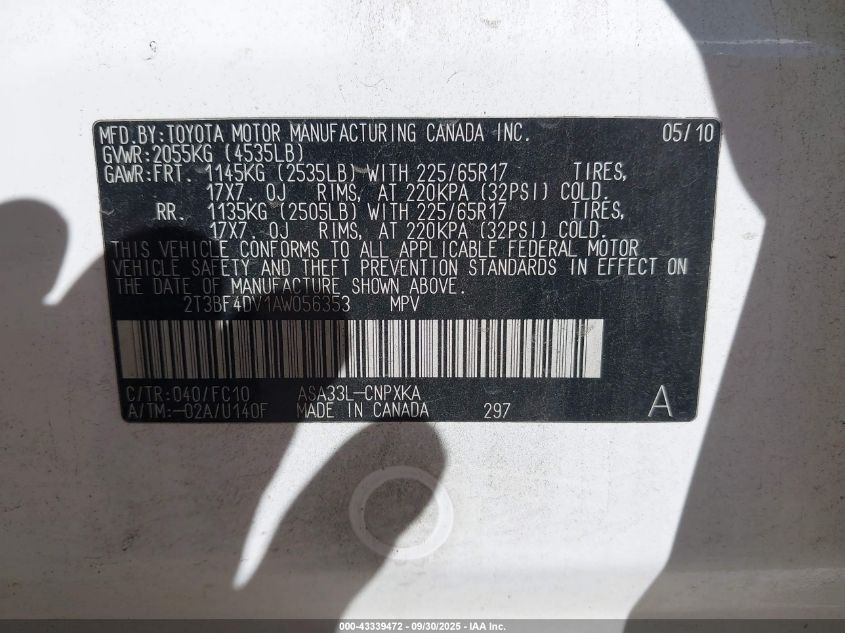 2010 Toyota Rav4 VIN: 2T3BF4DV1AW056353 Lot: 43339472