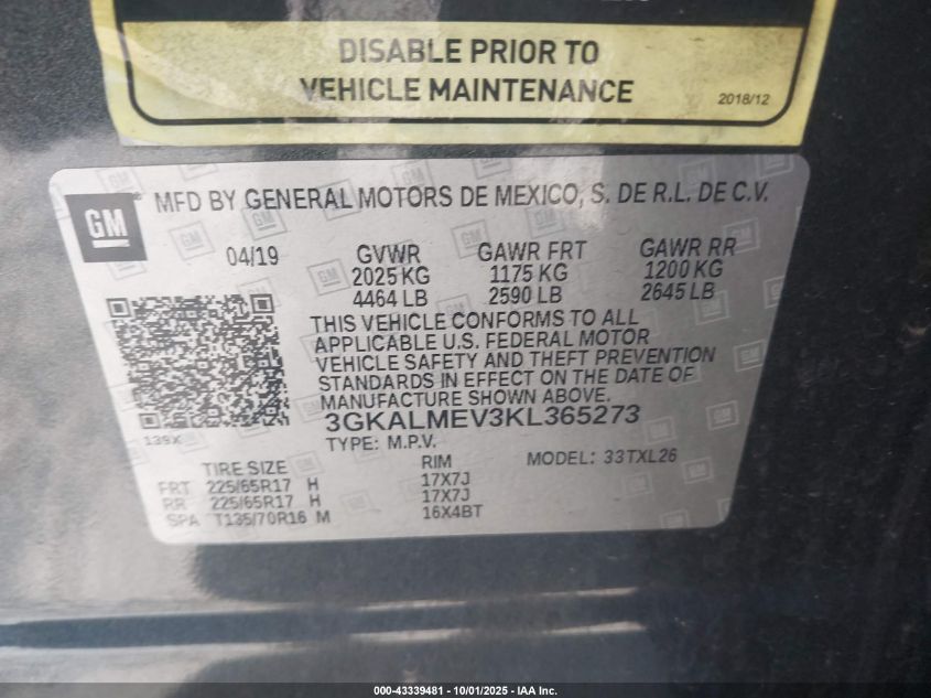 2019 GMC Terrain Sle VIN: 3GKALMEV3KL365273 Lot: 43339481