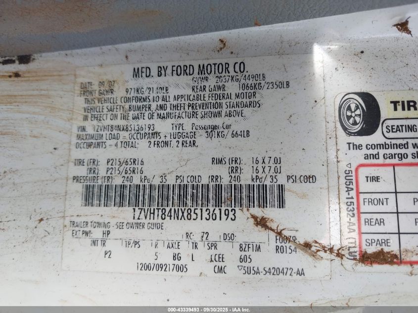 2008 Ford Mustang V6 Deluxe/V6 Premium VIN: 1ZVHT84NX85136193 Lot: 43339493