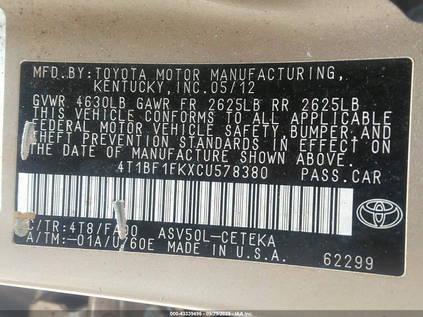 2012 Toyota Camry L VIN: 4T1BF1FKXCU578380 Lot: 43339496