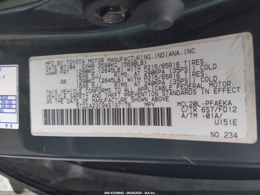 2004 Toyota Sienna Ce VIN: 5TDZA23C94S197176 Lot: 43339502