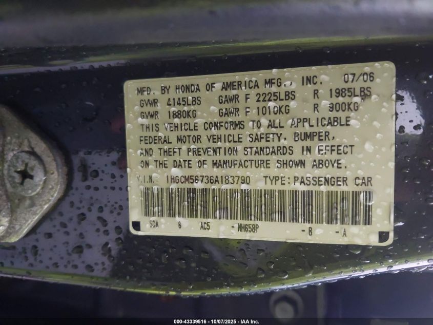 2006 Honda Accord 2.4 Ex VIN: 1HGCM56736A183790 Lot: 43339516