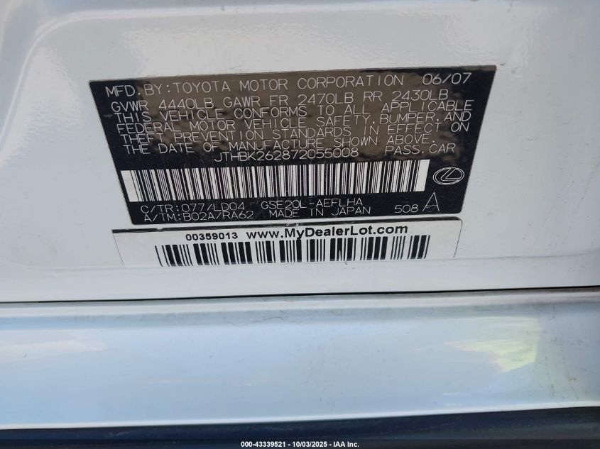 2007 Lexus Is 250 VIN: JTHBK262872055008 Lot: 43339521