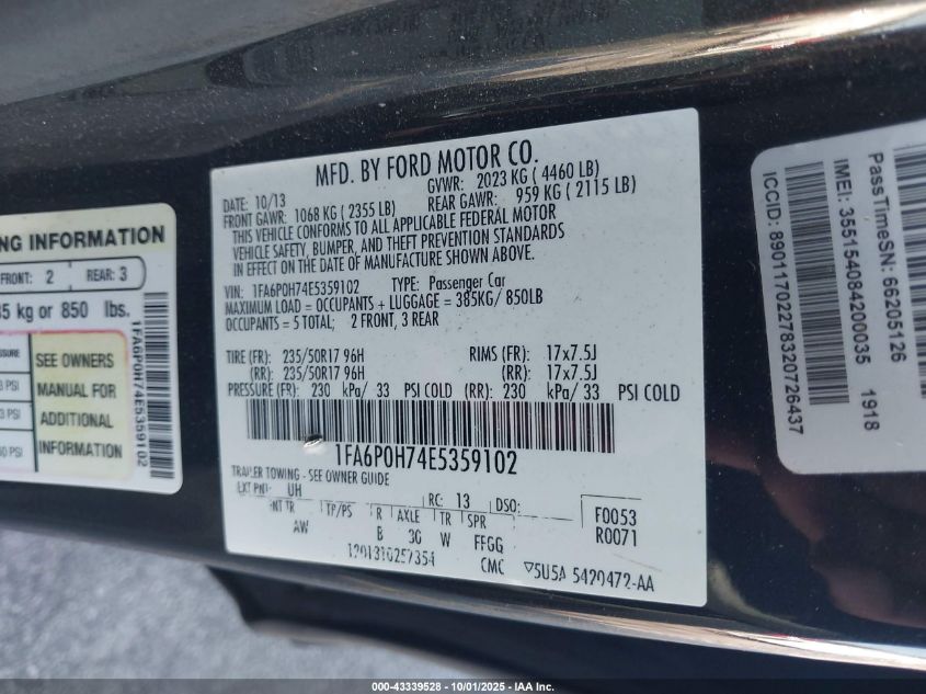 2014 Ford Fusion Se VIN: 1FA6P0H74E5359102 Lot: 43339528