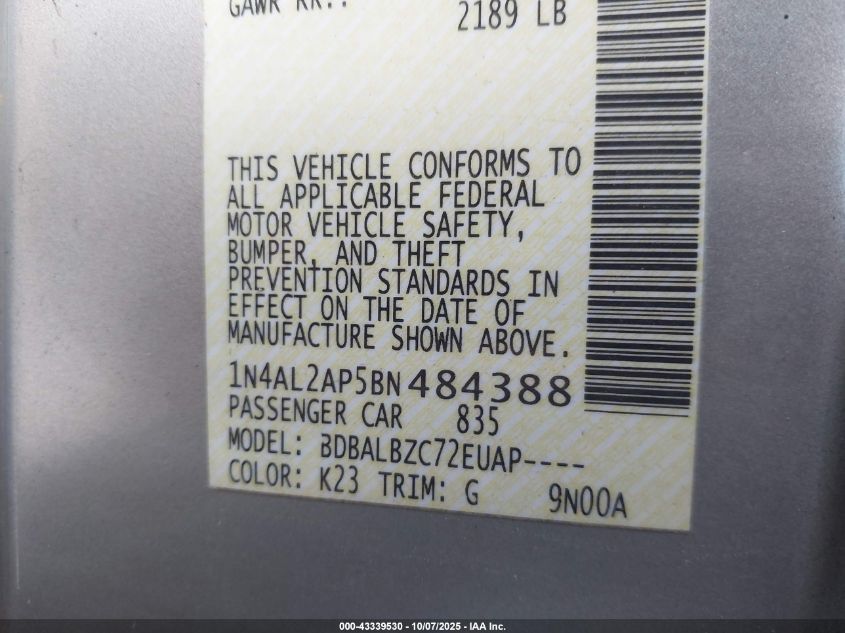 2011 Nissan Altima 2.5 S VIN: 1N4AL2AP5BN484388 Lot: 43339530