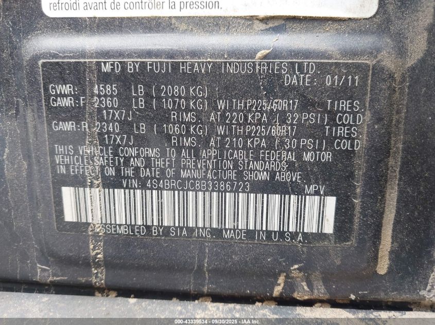 2011 Subaru Outback 2.5I Limited VIN: 4S4BRCJC8B3386723 Lot: 43339534