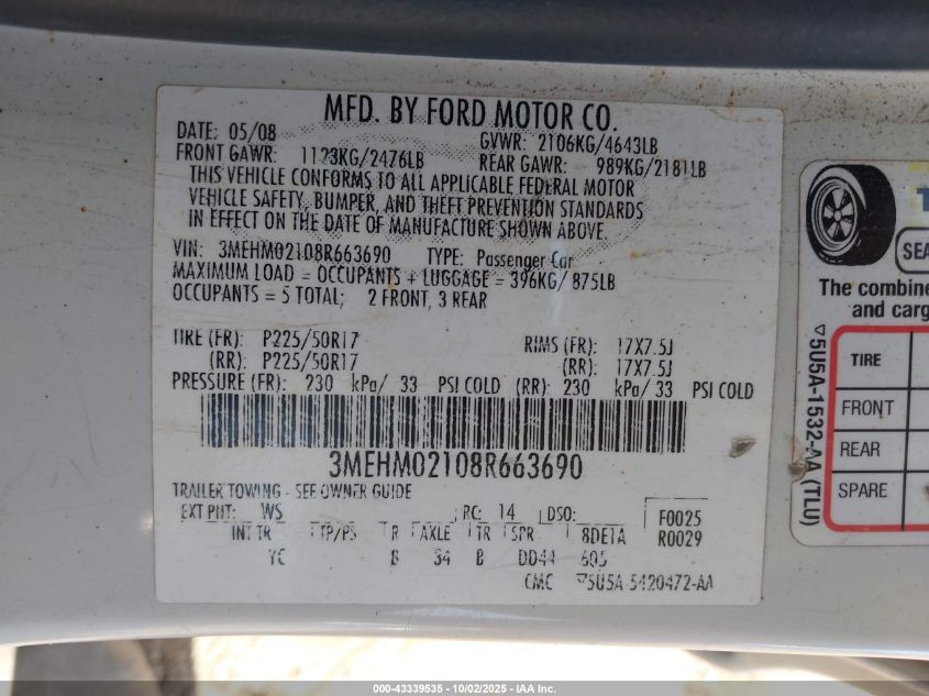 2008 Mercury Milan V6 Premier VIN: 3MEHM02108R663690 Lot: 43339535