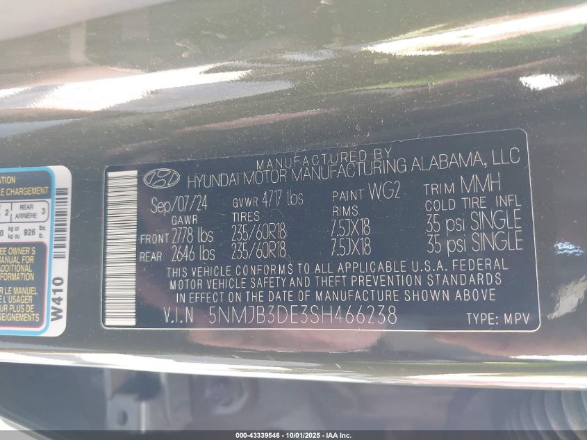 2025 Hyundai Tucson Sel VIN: 5NMJB3DE3SH466238 Lot: 43339546