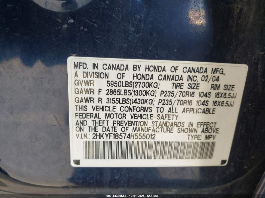 2004 Honda Pilot Ex-L VIN: 2HKYF18574H555012 Lot: 43339553