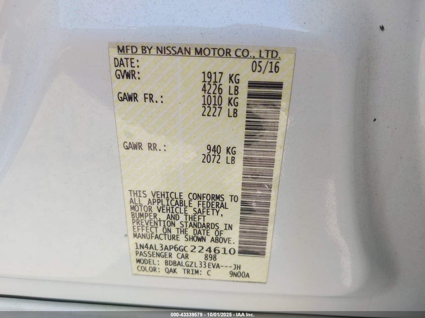 2016 Nissan Altima 2.5 S VIN: 1N4AL3AP6GC224610 Lot: 43339579