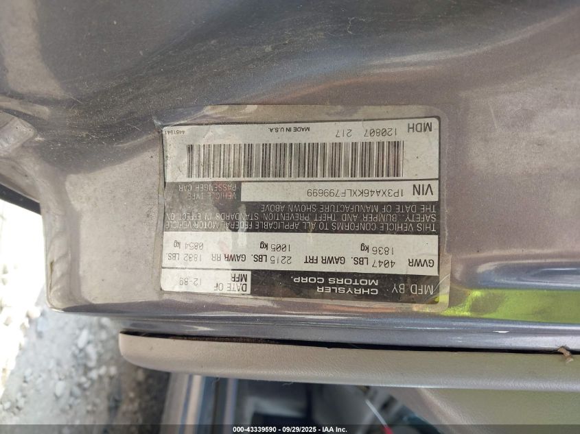 1990 Plymouth Acclaim VIN: 1P3XA46KXLF799699 Lot: 43339590