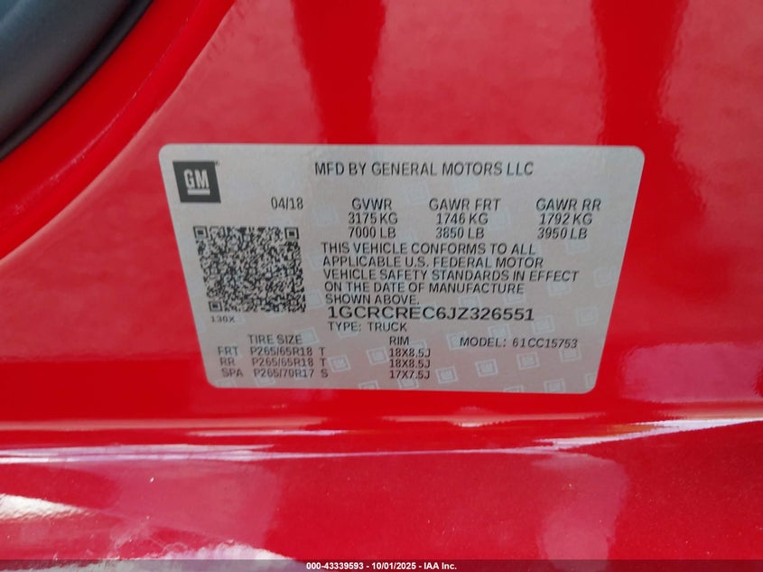 2018 CHEVROLET SILVERADO 1500 1LT 1GCRCREC6JZ326551