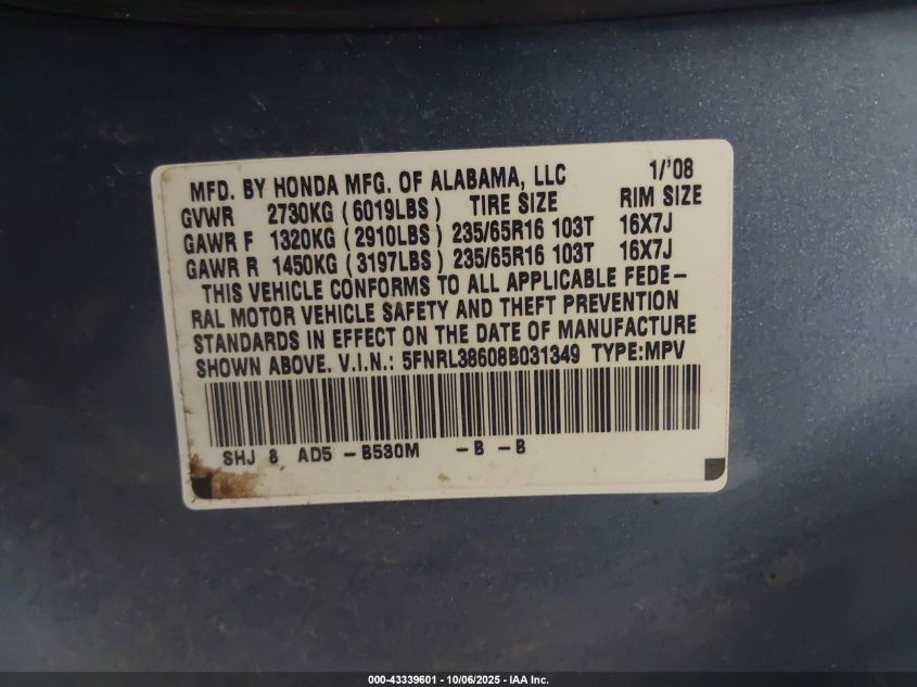 2008 Honda Odyssey Ex-L VIN: 5FNRL38608B031349 Lot: 43339601