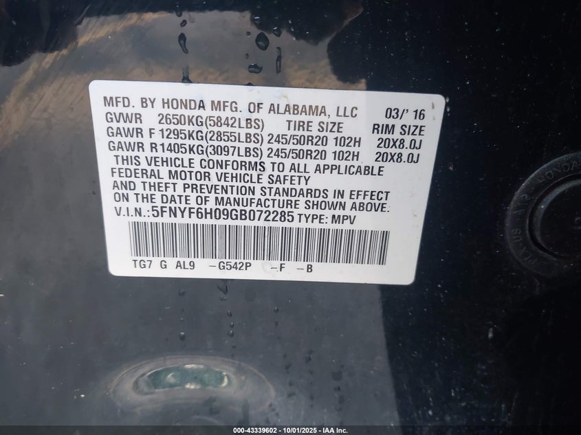 2016 HONDA PILOT ELITE - 5FNYF6H09GB072285