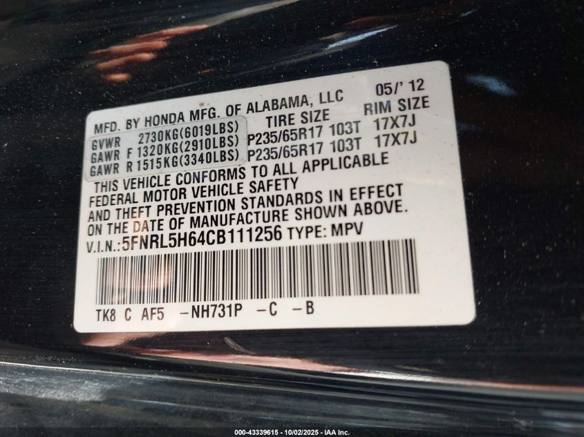 2012 Honda Odyssey Ex-L VIN: 5FNRL5H64CB111256 Lot: 43339615
