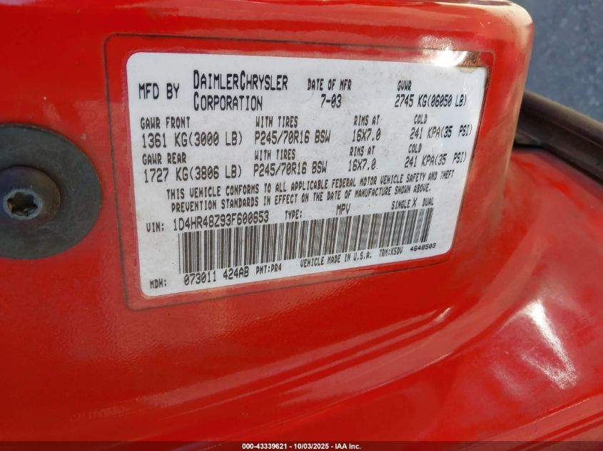 2003 Dodge Durango Slt VIN: 1D4HR48Z93F600653 Lot: 43339621