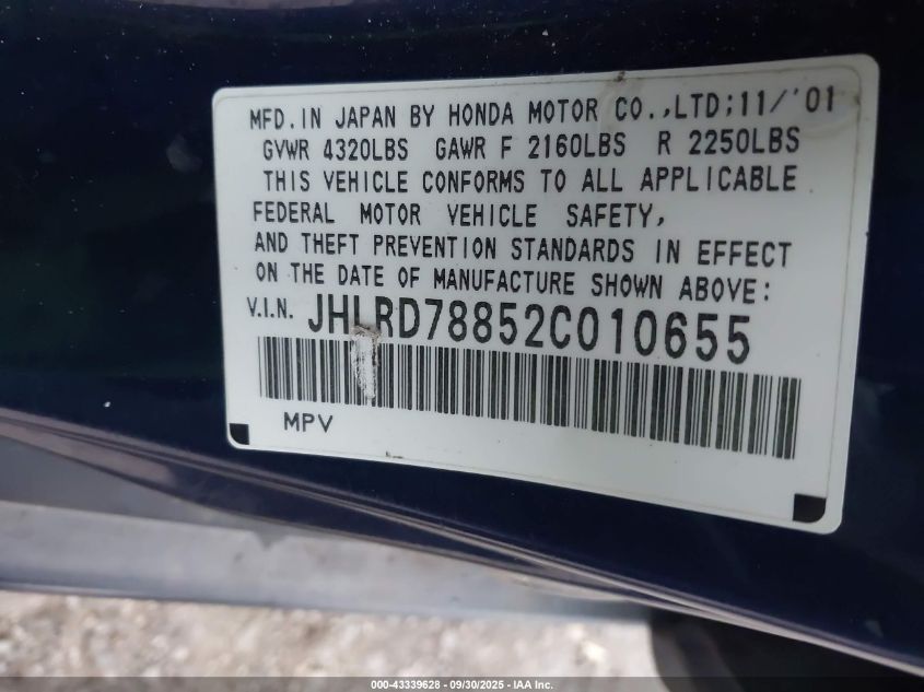 2002 Honda Cr-V Ex VIN: JHLRD78852C010655 Lot: 43339628