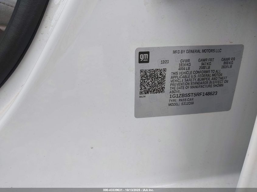 2024 Chevrolet Malibu Fwd Ls VIN: 1G1ZB5ST5RF148623 Lot: 43339631